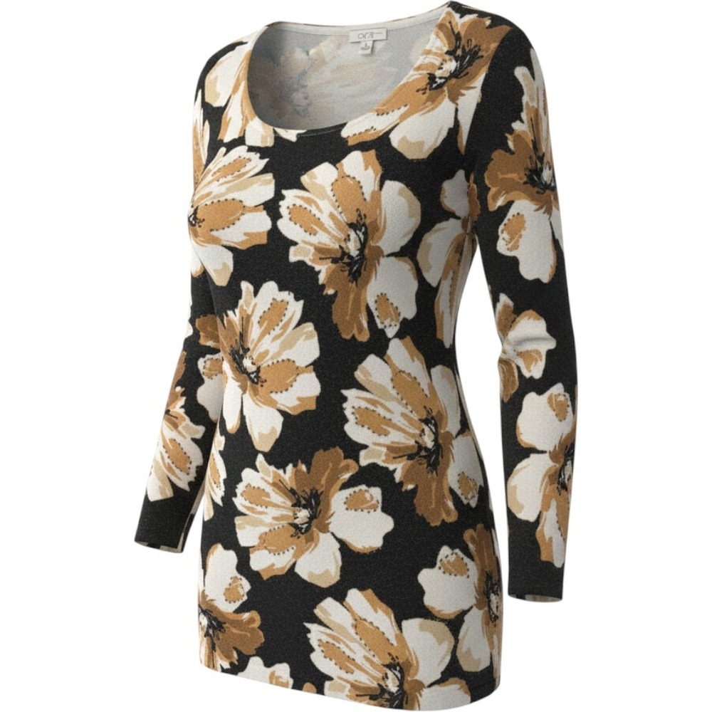 Cache Floral Beaded Metallic Knit Tunic Size Large Black Gold White